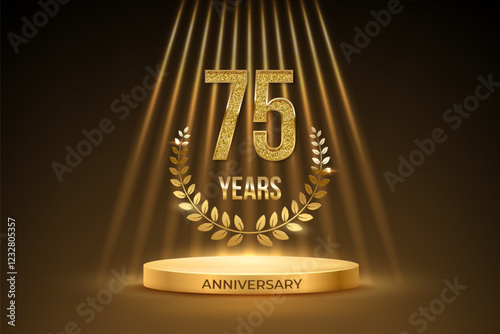 Anniversary gold award podium with glittering number 75. Seventy five years celebration birthday or jubilee golden vector background. Luxury stage with laurel wreath and glowing rays on black.