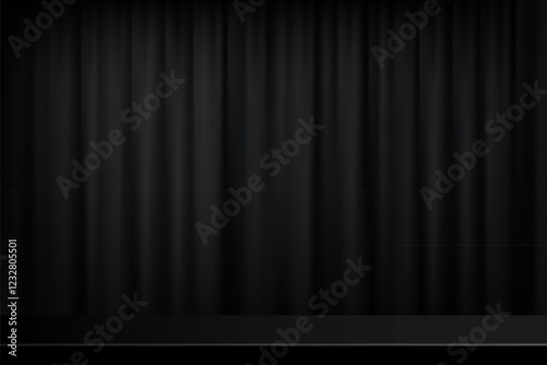 Black silk fabric luxury background with limbo effect. Vertical draped satin cloth textured curtain for product display or photo. Realistic modern vector banner.