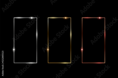Gold, silver and bronze rectangle frames. Metal thin photo or picture frames isolated on black background. 3d realistic empty template vector illustration set. Simple object mockup.