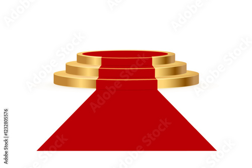 Red carpet on golden podium. Empty gold round metal stage with red carpet for product presentation or winner award ceremony. Realistic vector illustration isolated on white background.