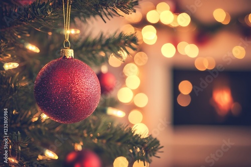 Festive Christmas Ornament Hanging on a Tree with Warm Lights photo