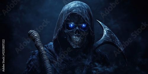 Grim Reaper: Digital Art of a Skeletal Figure with Glowing Eyes