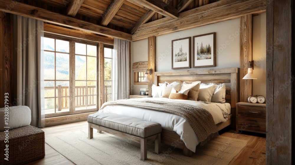 Cozy Rustic Bedroom with Wooden Architecture and Natural Light Cozy Rustic Bedroom with Wooden Architecture and Natural Light