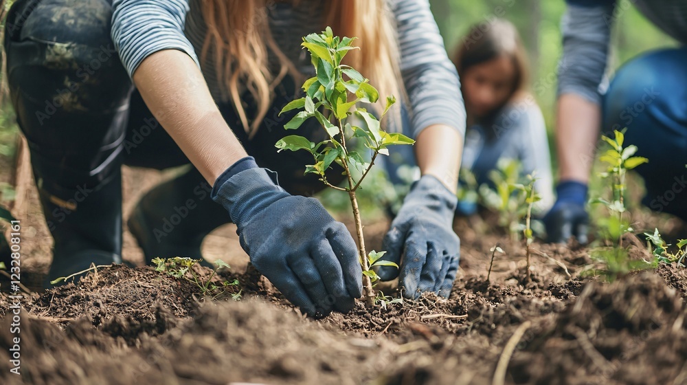 Group of Individuals Planting Trees in Forest Restoration Effort for Environmental Conservation Group of Individuals Planting Trees in Forest Restoration Effort for Environmental Conservation