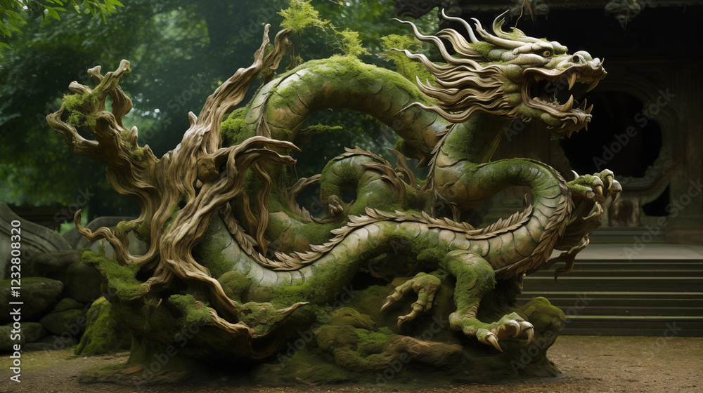 Fototapeta premium stone dragon moss vines coiled ancient tree trunk underground cave grand staircase scene