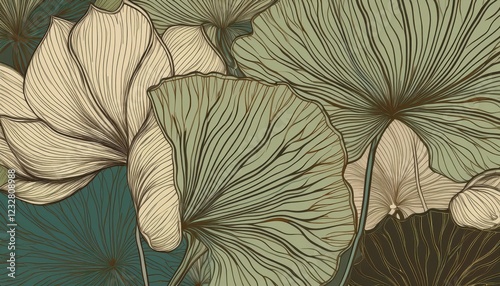 Elegant Line Art Background Featuring Green and Brown Lotus Leaves, Embracing Tranquil Mood and OrientInspired Aesthetics, Ideal for Minimalist Designs or Meditative Spaces. photo