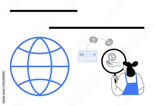 Magnifying glass examining currency and credit card, global network in background. Ideal for finance, globalization, digital transactions, economics, banking, investment technology. Abstract line