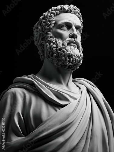 Classical Marble Bust of Aristotle in Dramatic Black and White Photography