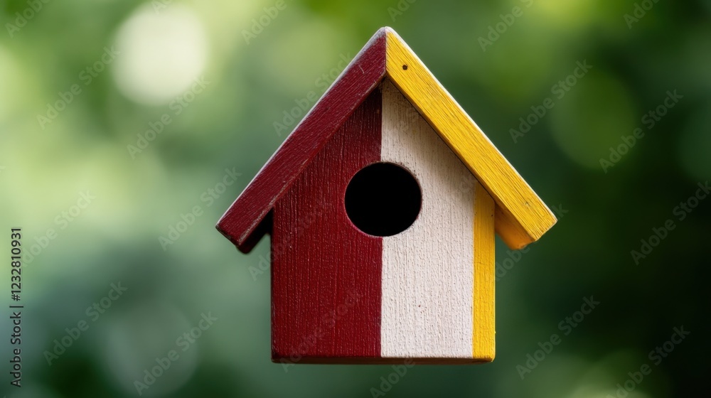 a small, colorful birdhouse hangs against a blurred green background