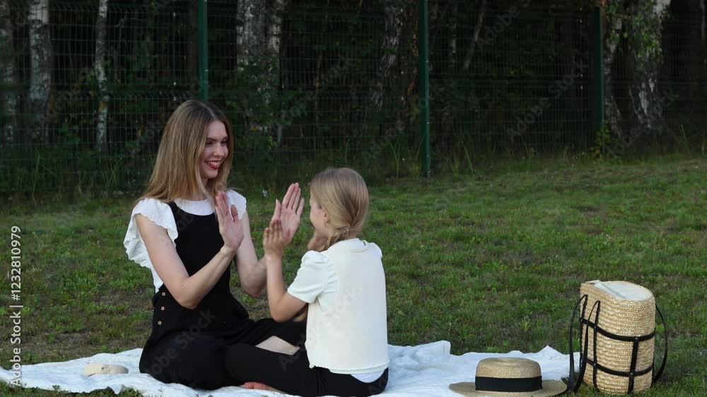Beautiful mother and daughter in black and white clothes sit on a blanket in the park smiling and play the game patty-cake, patting motion. Family and spending time together Beautiful mother and daughter in black and white clothes sit on a blanket in the park smiling and play the game patty-cake, patting motion. Family and spending time together