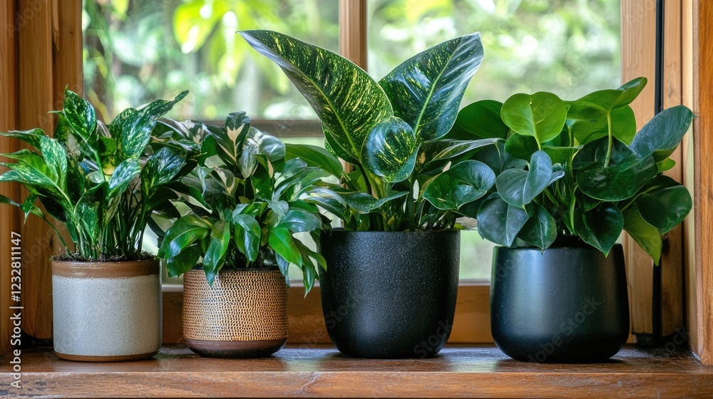 Four potted plants sit on a windowsill bathed in sunlight Four potted plants sit on a windowsill bathed in sunlight