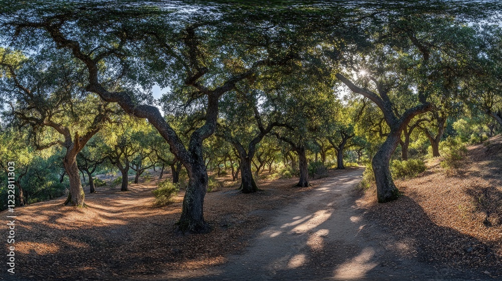 Sunlit Path Through Ancient Oak Trees Grove Sunlit Path Through Ancient Oak Trees Grove
