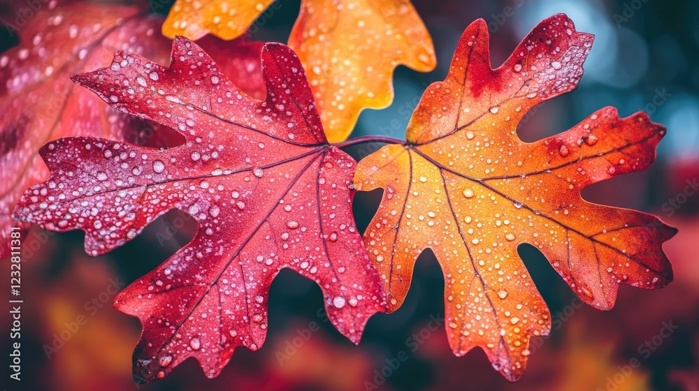 Two Autumn Leaves Covered In Dew Drops Two Autumn Leaves Covered In Dew Drops