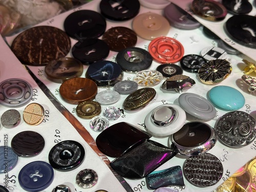 Buttons of different colors and sizes in a sewing accessories store