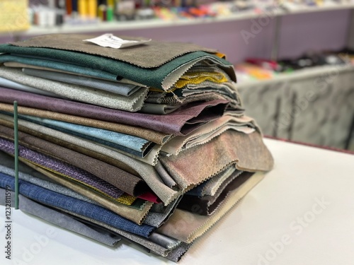 Pieces of fabric for needlework in a stack. Sewing accessories.