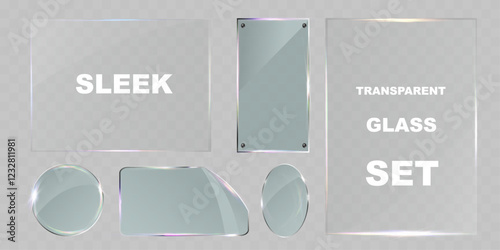 Sleek transparent glass pane set with various shapes, including rectangular, circular, and custom cuts. Modern light reflections and subtle rainbow effects, ideal for UI design, web elements, banners.