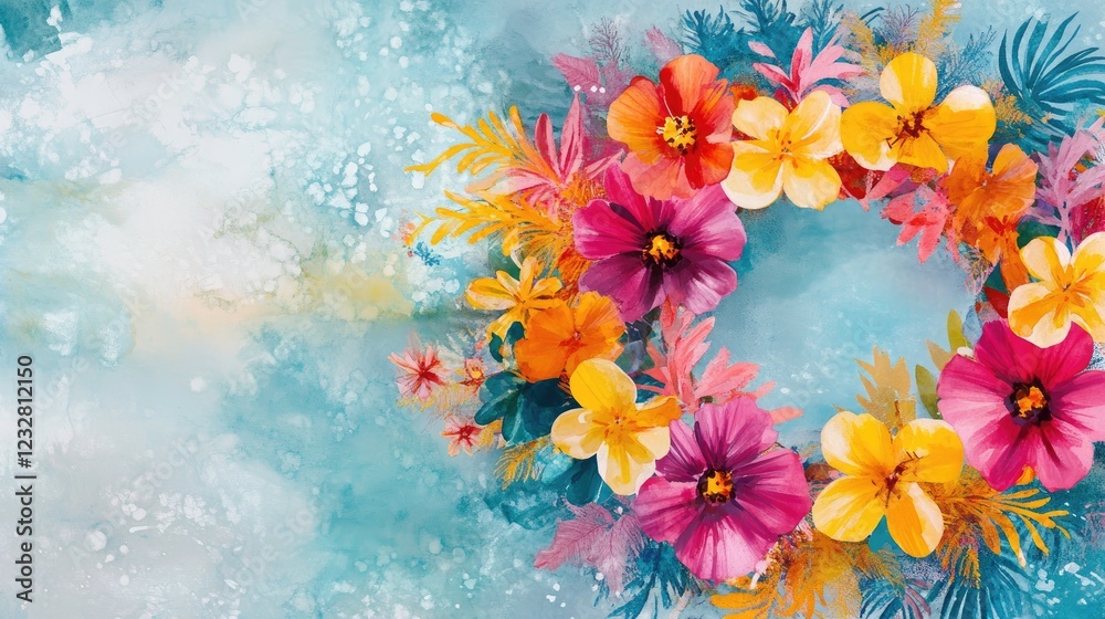 Obraz premium Vibrant Tropical Flowers Watercolor Wreath Design