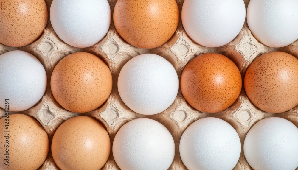 A neatly arranged carton of eggs featuring both brown and white varieties, highlighting their natural colors and textures. A neatly arranged carton of eggs featuring both brown and white varieties, highlighting their natural colors and textures.