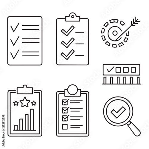 Evaluation thin line icon set. Containing checklist, review, quality vector