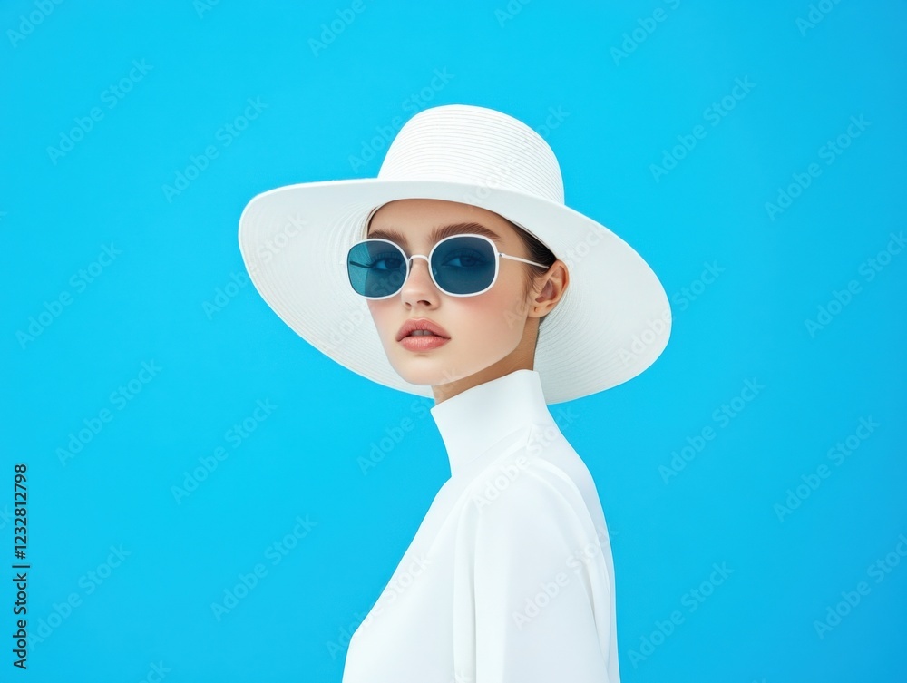 stylish woman in white hat and sunglasses on blue background stylish woman in white hat and sunglasses on blue background