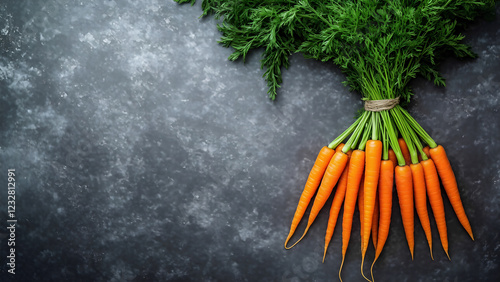 Bunch of carrots with green leaves on grey slate table, top view. Fresh organic food. Banner, copy space. Template, market design concept, International Carrot Day, April 4th. Healthy eating content photo