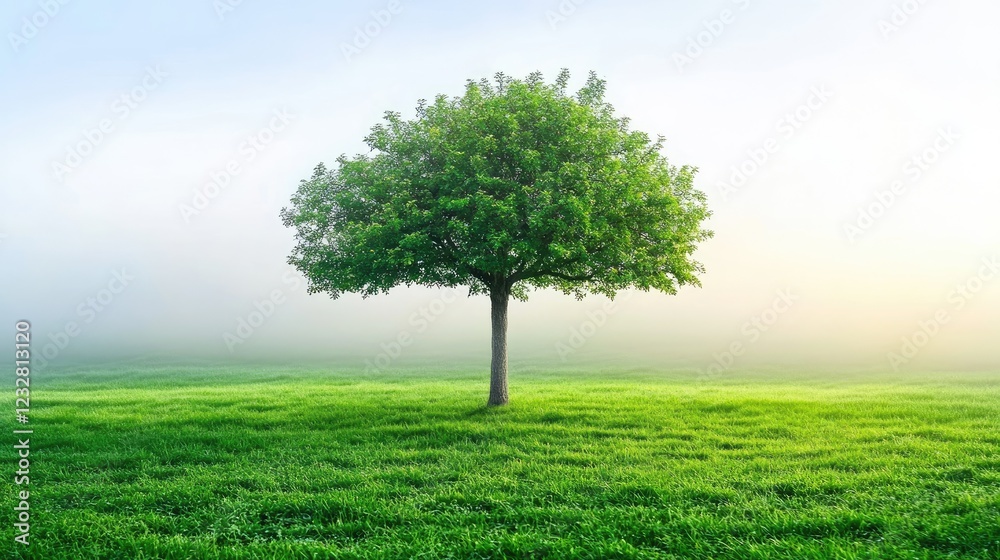 Solitary Tree Stands in Misty Green Field Solitary Tree Stands in Misty Green Field