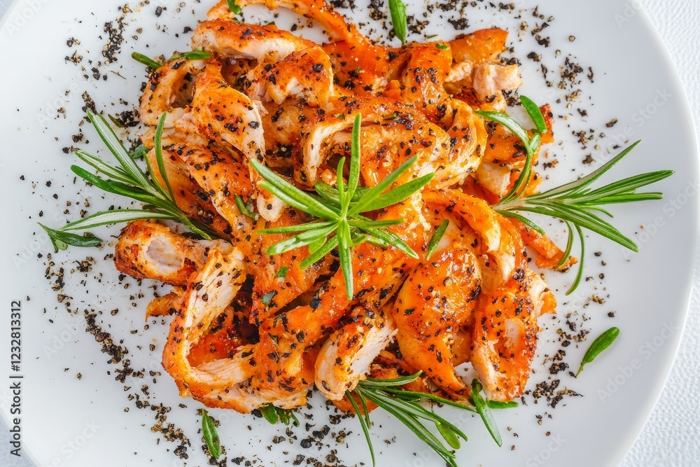 Grilled Chicken Slices with Spices and Fresh Green Herbs on Plate Grilled Chicken Slices with Spices and Fresh Green Herbs on Plate