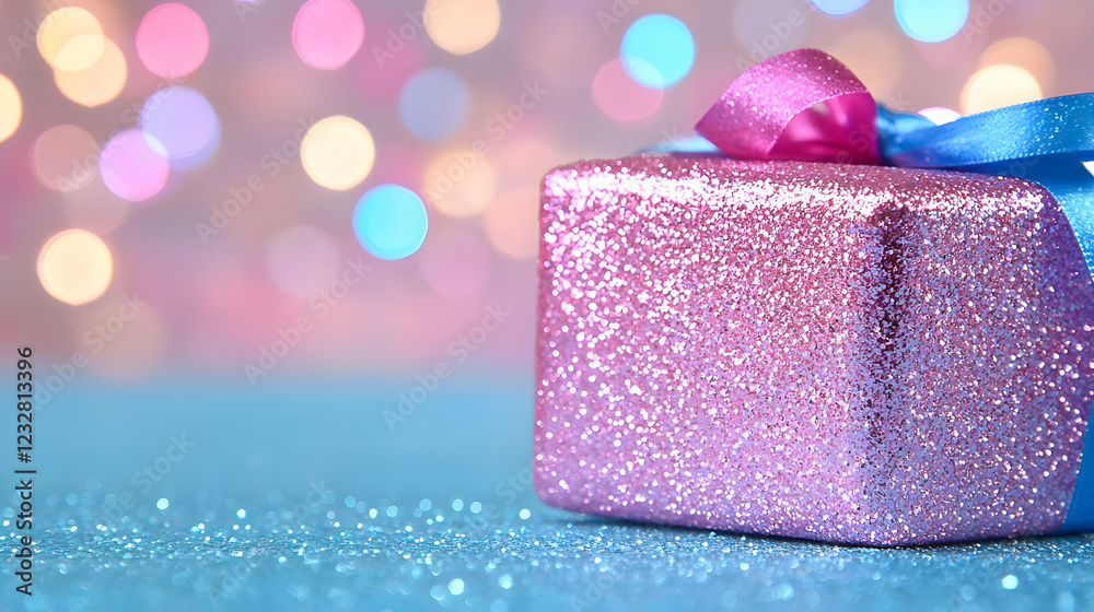 Pink glitter gift box with ribbon, bokeh lights background, holiday celebration Pink glitter gift box with ribbon, bokeh lights background, holiday celebration