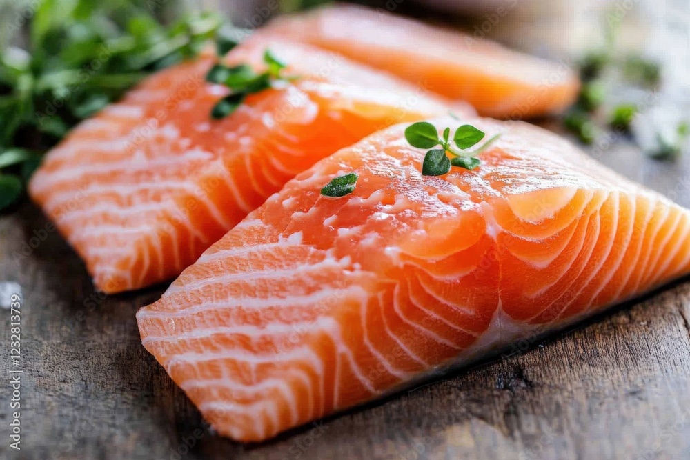 fresh salmon fillets with herbs on a wooden cutting board fresh salmon fillets with herbs on a wooden cutting board
