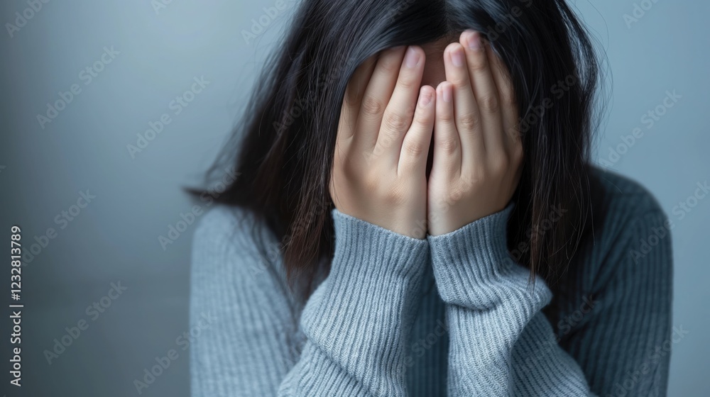 young woman covering face wearing cozy grey sweater looking distressed and emotional in subdued lighting copyspace concept of mental health counseling therapy young woman covering face wearing cozy grey sweater looking distressed and emotional in subdued lighting copyspace concept of mental health counseling therapy