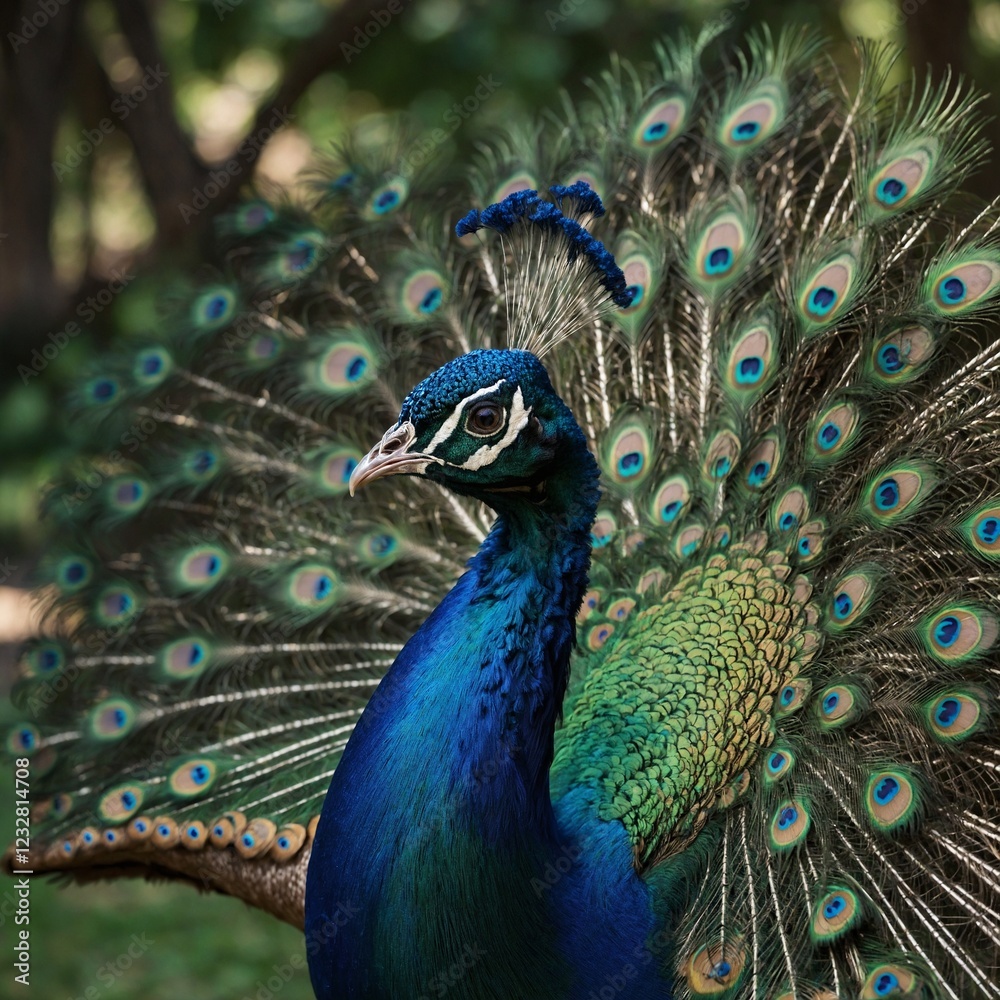 Obraz premium Peacock Displaying Vibrant Feathers. peacock with feathers out.