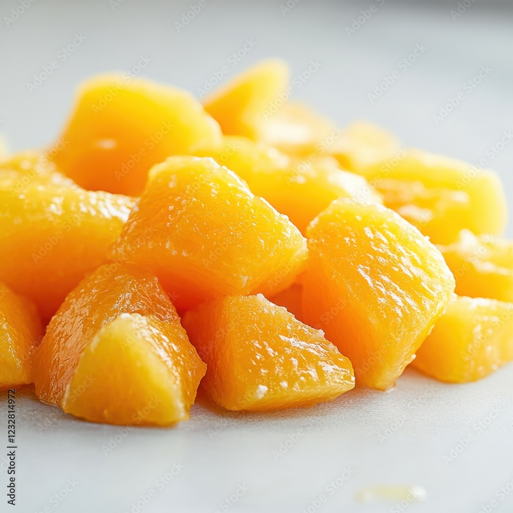 Close-up of diced peaches, perfect for snacking or baking. Close-up of diced peaches, perfect for snacking or baking.