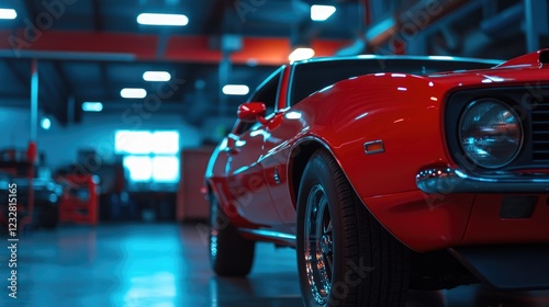 Classic red car in garage, neon lights, workshop background, automotive restoration