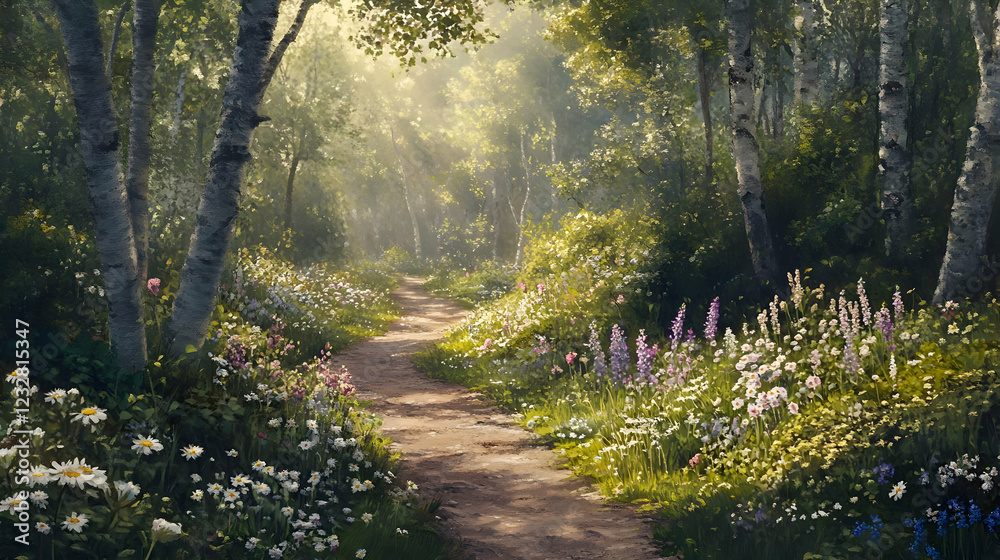 Fototapeta premium Sunlit Forest Path Vibrant Wildflowers Serene Nature Scene