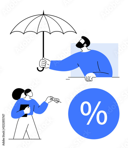 Man holding umbrella, woman with document and pen, large percentage symbol. Ideal for financial planning, protection, business strategy, collaboration, negotiation insurance partnerships. Abstract
