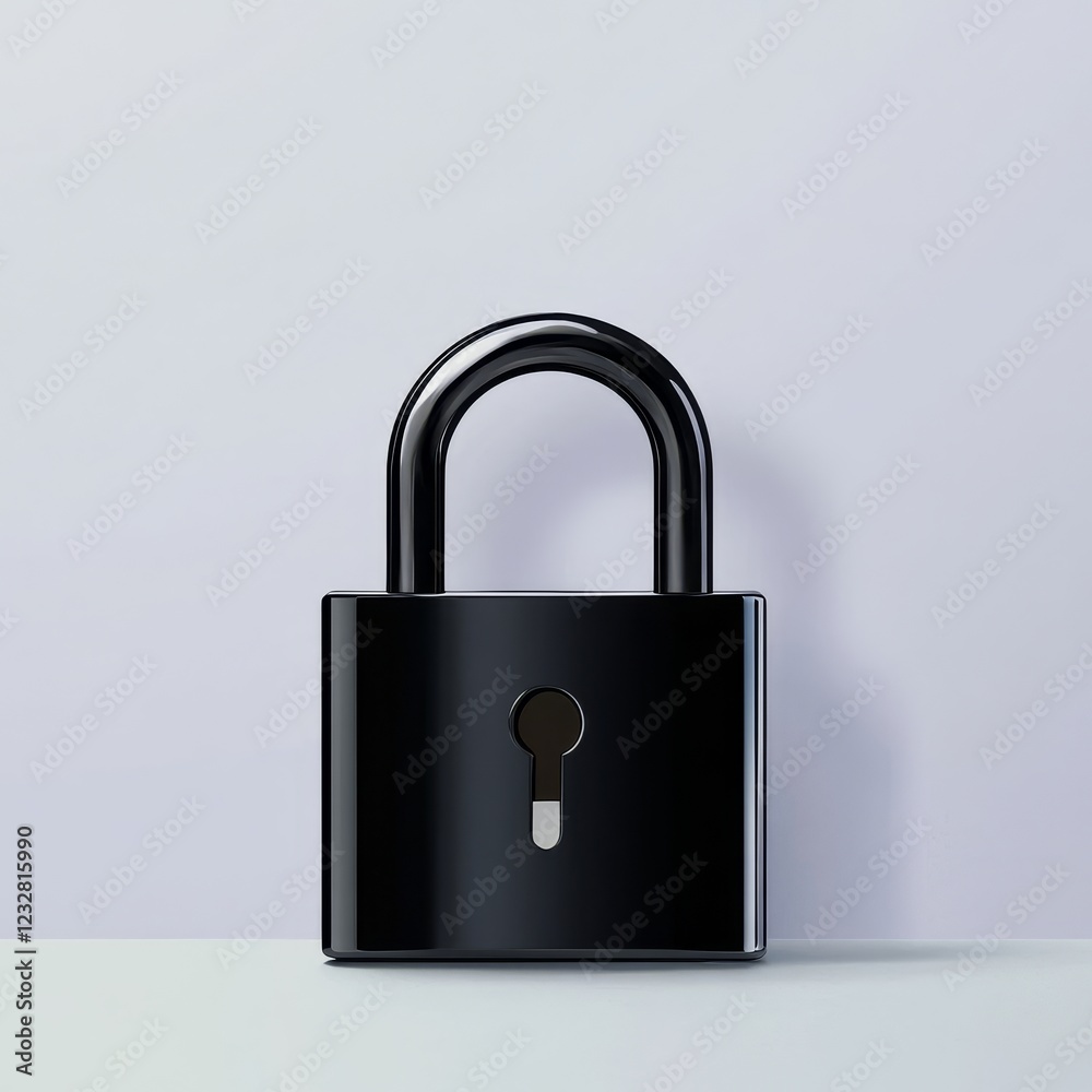 Naklejka premium Black Padlock on Solid Background - This image showcases a sleek black padlock against a light gray background, emphasizing security and protection.
