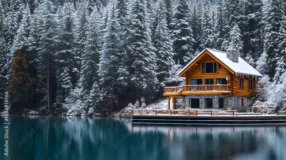 Fototapeta premium Secluded Log Cabin in Snowy Wonderland: Peaceful Lake House Escape