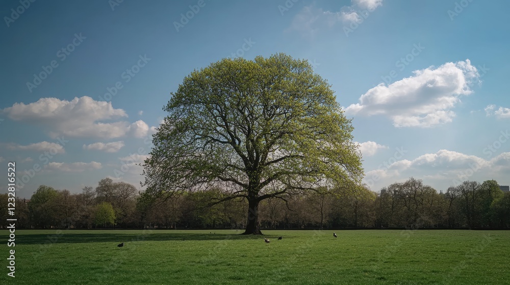 Majestic Oak Tree Stands Tall in Verdant Parkland Majestic Oak Tree Stands Tall in Verdant Parkland