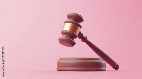 Minimal brown gavel icon on pink background. Judge arbitrate courthouse concept. judgement Hammer. 3D render. illustration photo