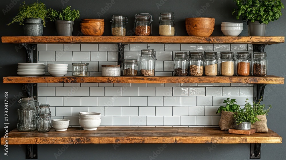 Rustic wooden shelves with kitchenware and herbs against a white subway tile backsplash. Rustic wooden shelves with kitchenware and herbs against a white subway tile backsplash.