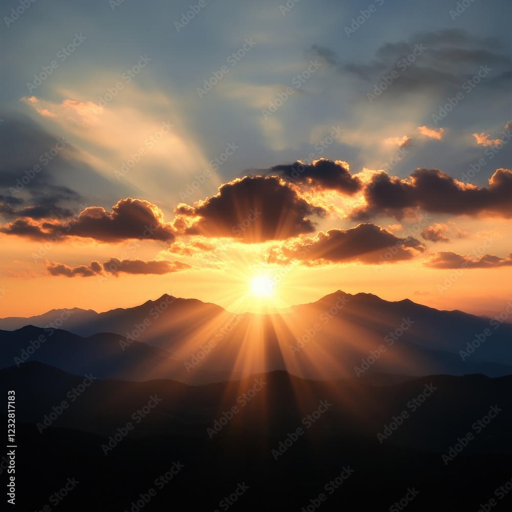 beautiful sunset over mountains with sun rays and clouds beautiful sunset over mountains with sun rays and clouds