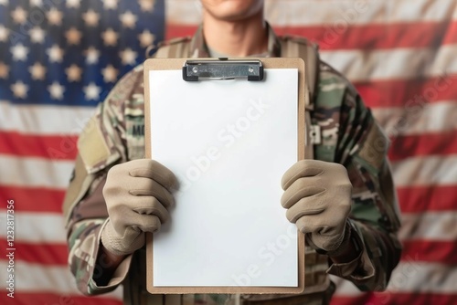 A proud U.S. soldier stands confidently by an American flag with a clipboard with copy space, symbolizing dedication to service photo