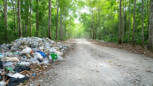 A serene forest disrupted by an illegal dumping site, with heaps of plastic, glass, and metal waste littering the ground, contrasting with the lush greenery