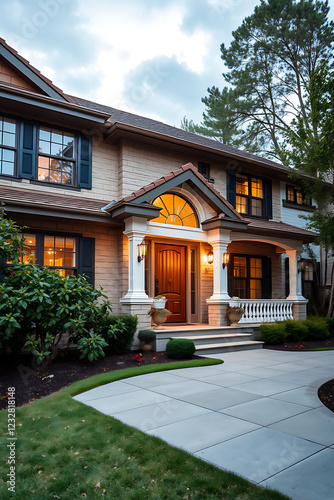 Luxury House Exterior at Dusk  Brick Facade  Grand Entrance  and Landscaped Garden. Real Estate Photography