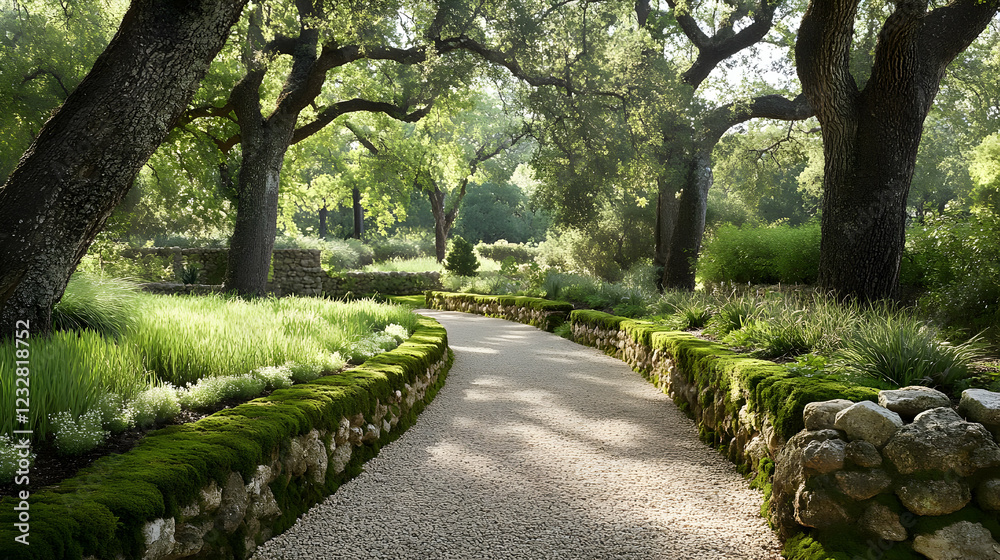 Fototapeta premium Serene Garden Path with Mossy Stone Walls