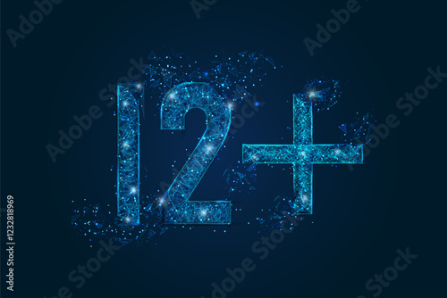 Abstract isolated blue image of 12 plus only censored. Polygonal low poly wireframe illustration looks like stars in the black night sky in space or flying glass shards.