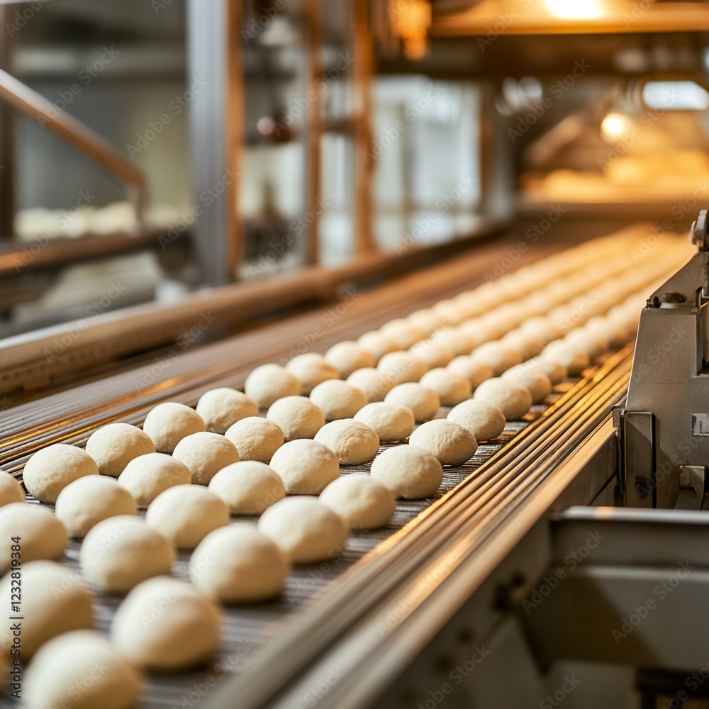 Naklejka premium Rows of smooth dough balls journey through an automated bakery plant, preparing for shaping and crafting. Generative AI