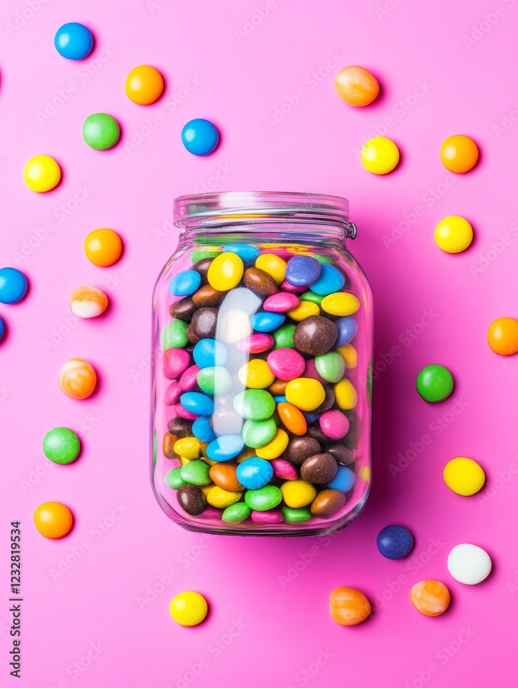 Colorful candy jar on vibrant background with scattered treats - A vibrant candy jar filled with colorful treats on a playful pink backdrop, representing joy, sweetness, fun, celebration Colorful candy jar on vibrant background with scattered treats - A vibrant candy jar filled with colorful treats on a playful pink backdrop, representing joy, sweetness, fun, celebration