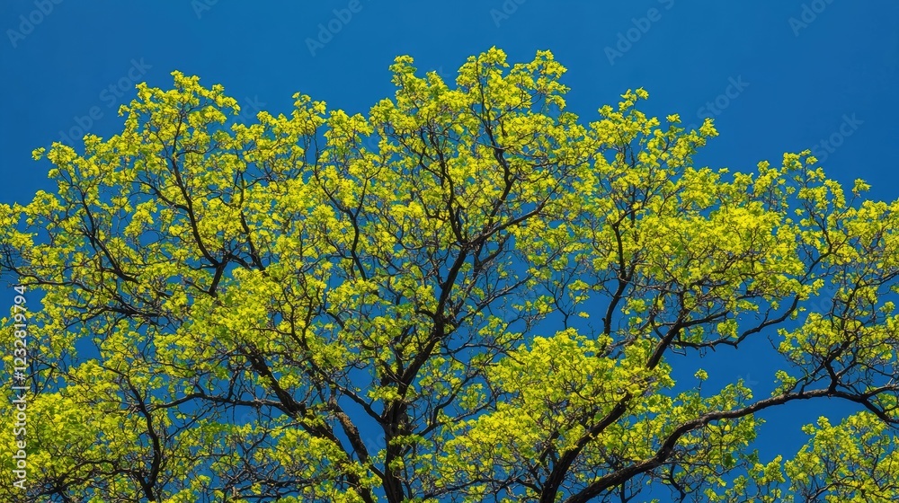 Vibrant Yellow Spring Leaves Against Clear Blue Sky Vibrant Yellow Spring Leaves Against Clear Blue Sky