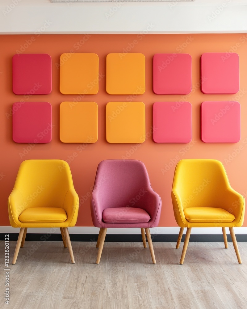 Obraz premium A vibrant interior featuring colorful chairs in yellow and pink against an orange wall with square wall panels.